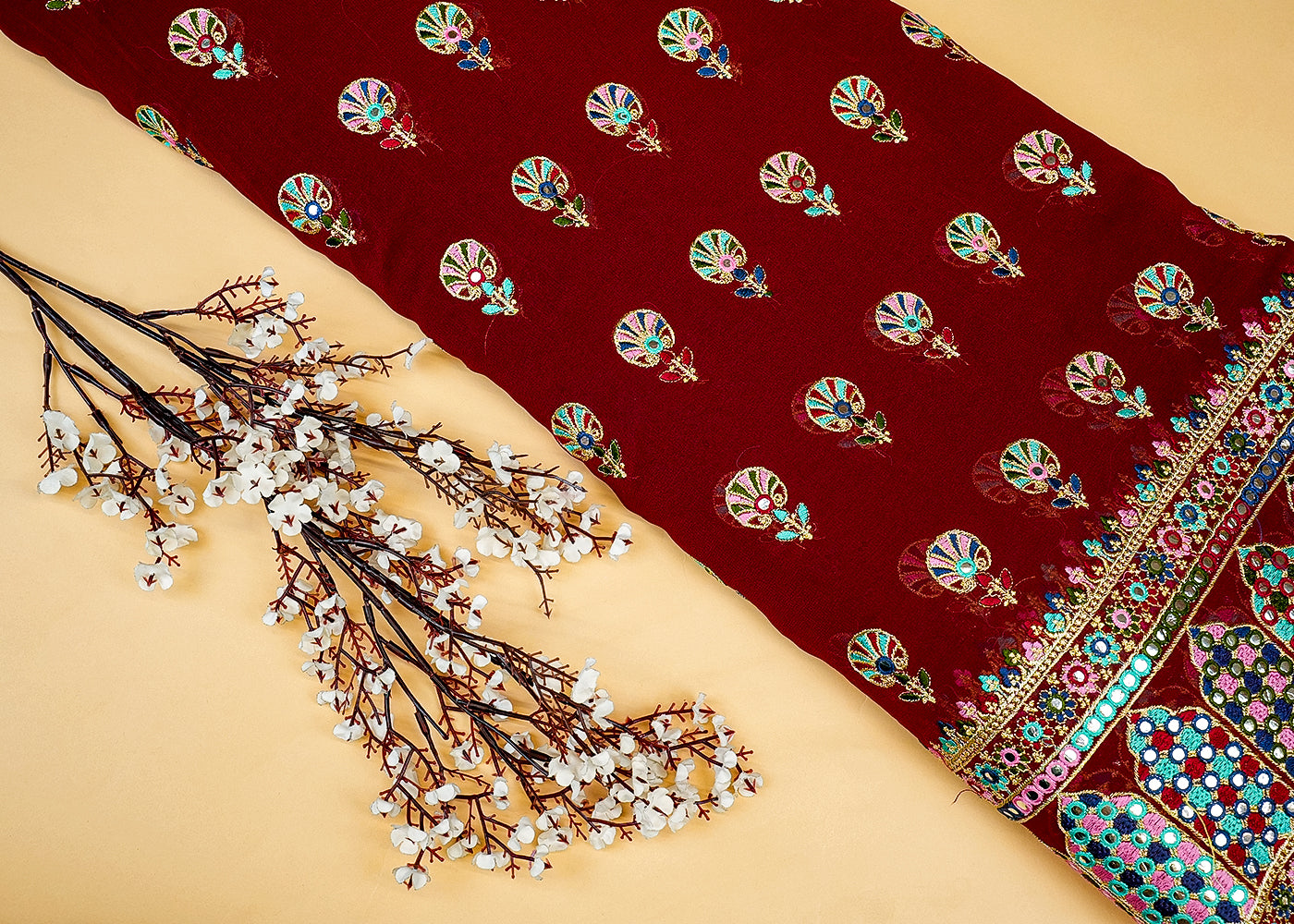 Maroon Georgette Fabric with Allover Multicolor Thread and Faux Mirror Work with Border 13090
