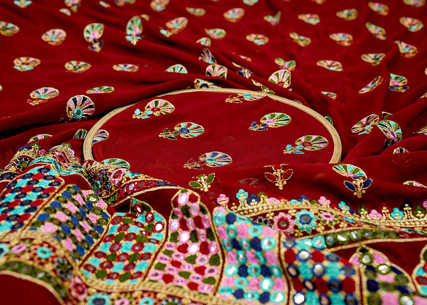 Maroon Georgette Fabric with Allover Multicolor Thread and Faux Mirror Work with Border 13090