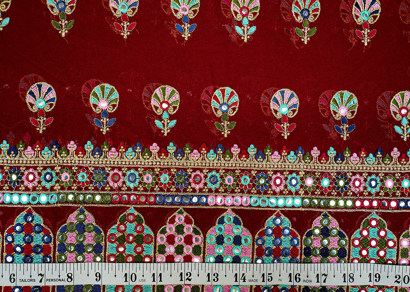 Maroon Georgette Fabric with Allover Multicolor Thread and Faux Mirror Work with Border 13090