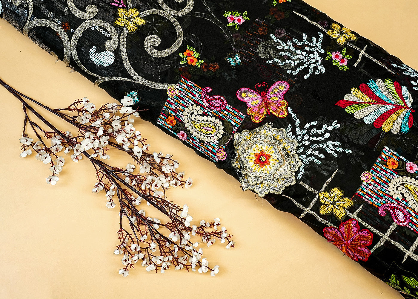 Black Organza Fabric with Allover Multicolor Thread, Patchwork, and Sequins with Border 13096