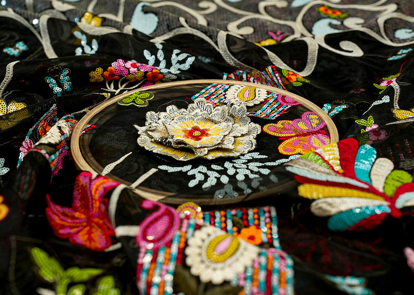 Black Organza Fabric with Allover Multicolor Thread, Patchwork, and Sequins with Border 13096