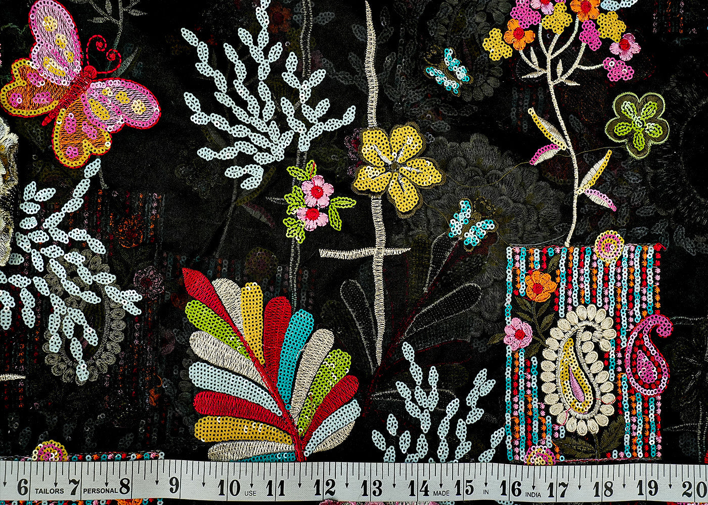 Black Organza Fabric with Allover Multicolor Thread, Patchwork, and Sequins with Border 13096
