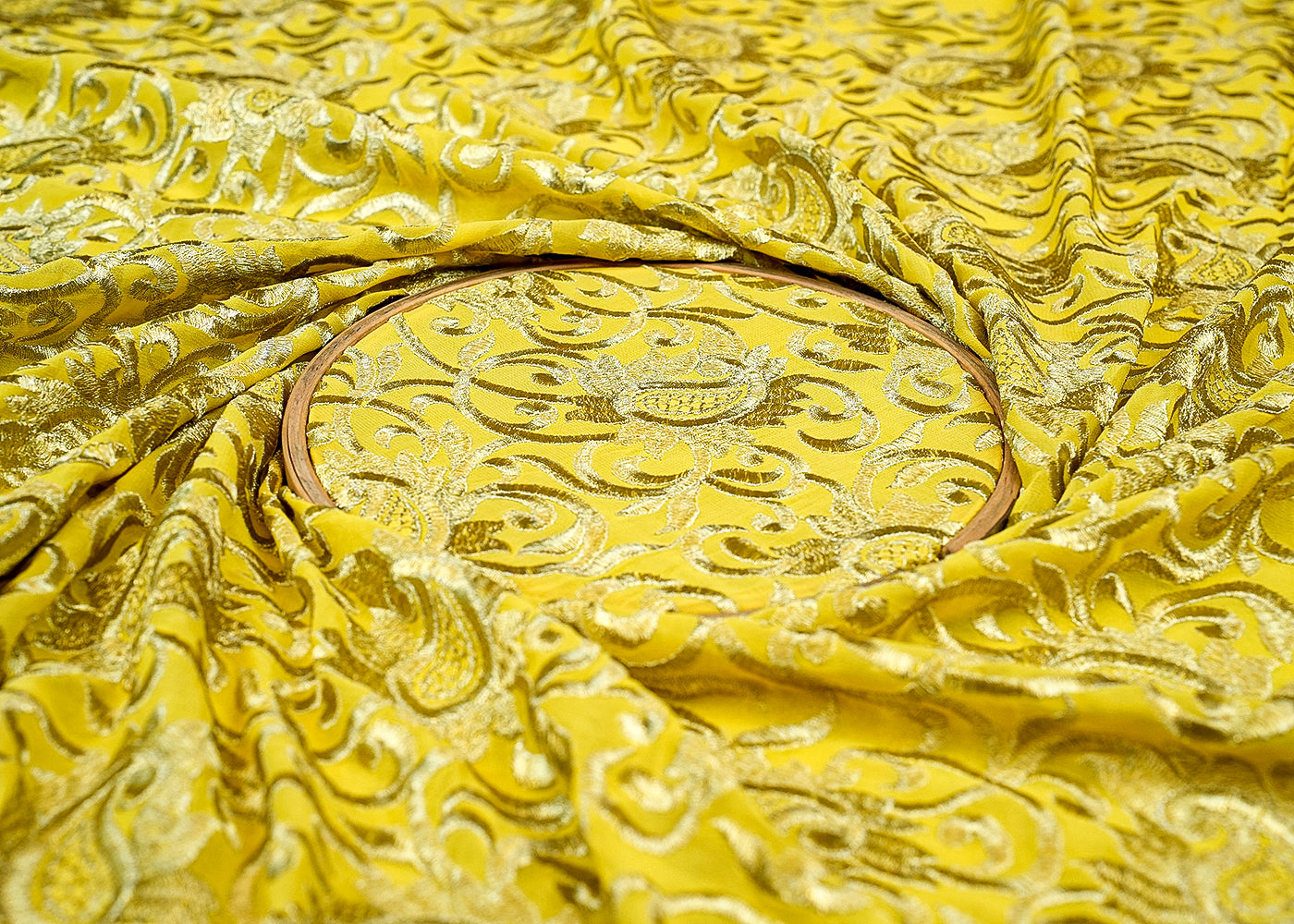 Lemon Georgette Fabric with Allover Golden Thread Work 13100