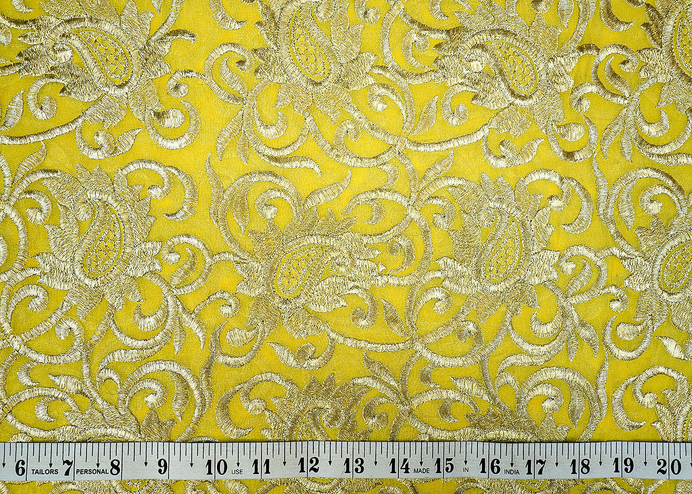 Lemon Georgette Fabric with Allover Golden Thread Work 13100