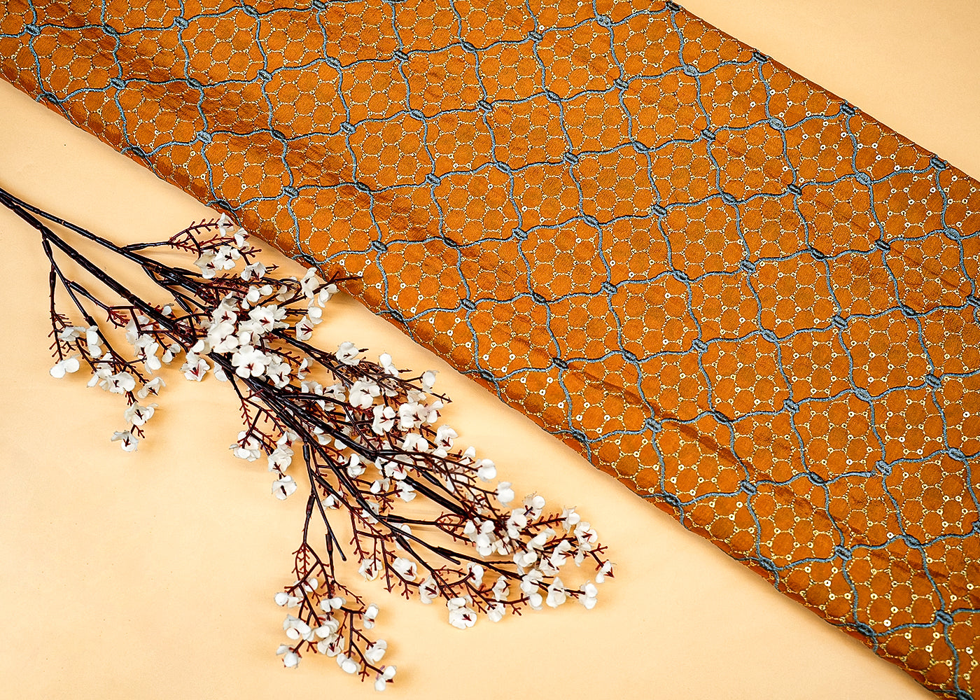 Mustard Georgette Fabric with Allover Golden Thread and Sequins Work 13102