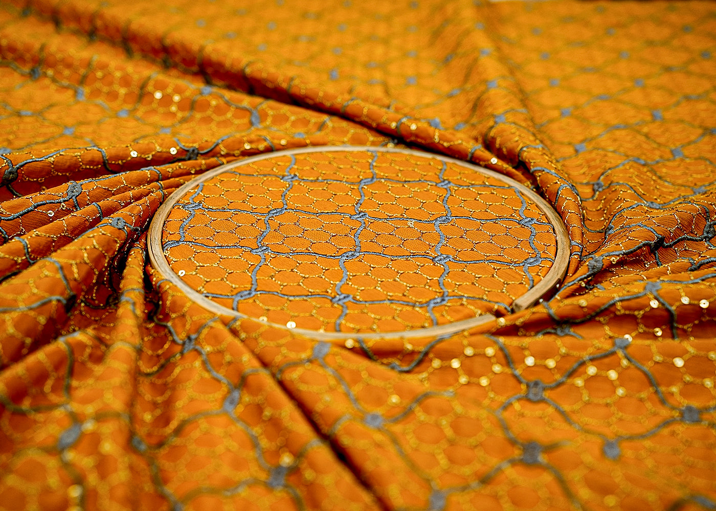 Mustard Georgette Fabric with Allover Golden Thread and Sequins Work 13102