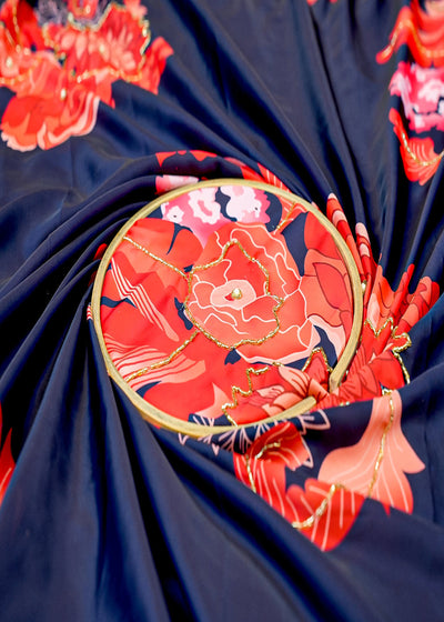 Navy Blue Armani Satin Fabric with Allover Floral Print and Bead & Pearl Embellishment 13103