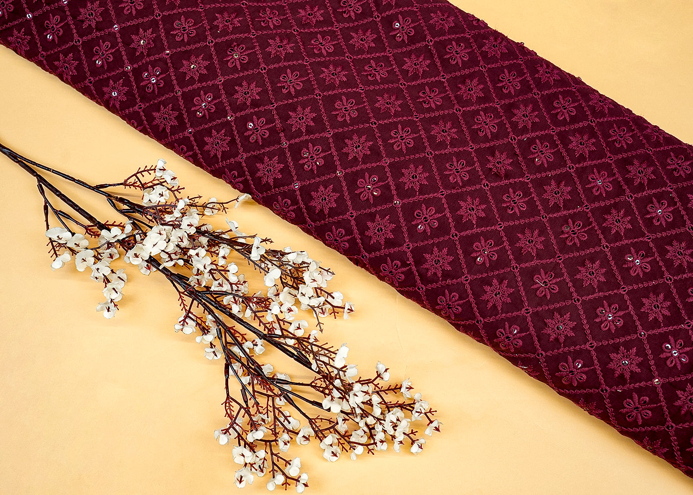 Brown Georgette Fabric with Allover Thread and Sequins Work 13104
