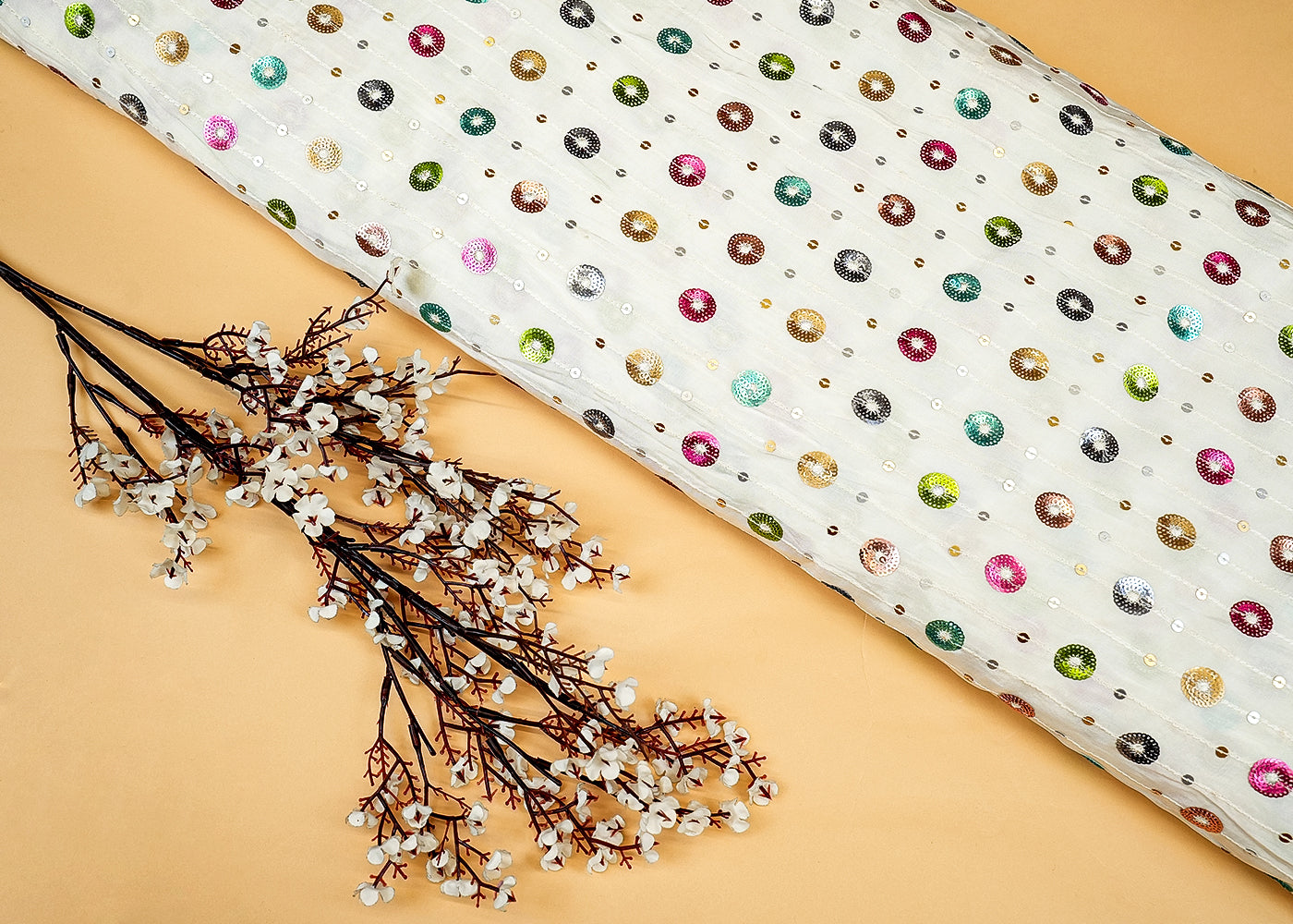 White Upada Silk with Allover Strips of Thread and Sequins 13111