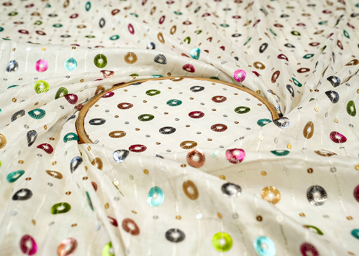 White Upada Silk with Allover Strips of Thread and Sequins 13111