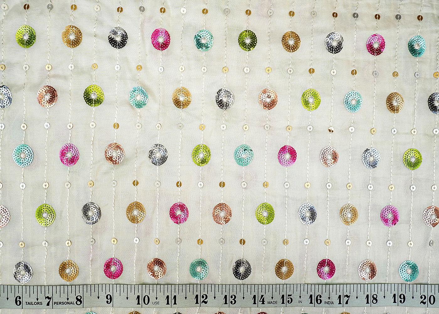 White Upada Silk with Allover Strips of Thread and Sequins 13111