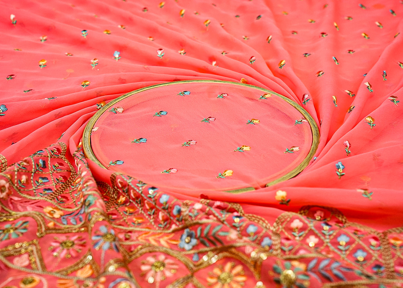 Peach Pink Georgette Fabric with Multicolor Thread & Sequins Work with Border 13113