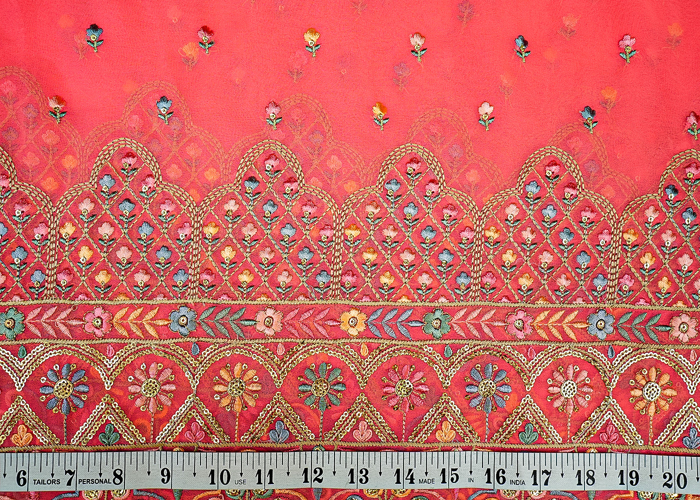 Peach Pink Georgette Fabric with Multicolor Thread & Sequins Work with Border 13113
