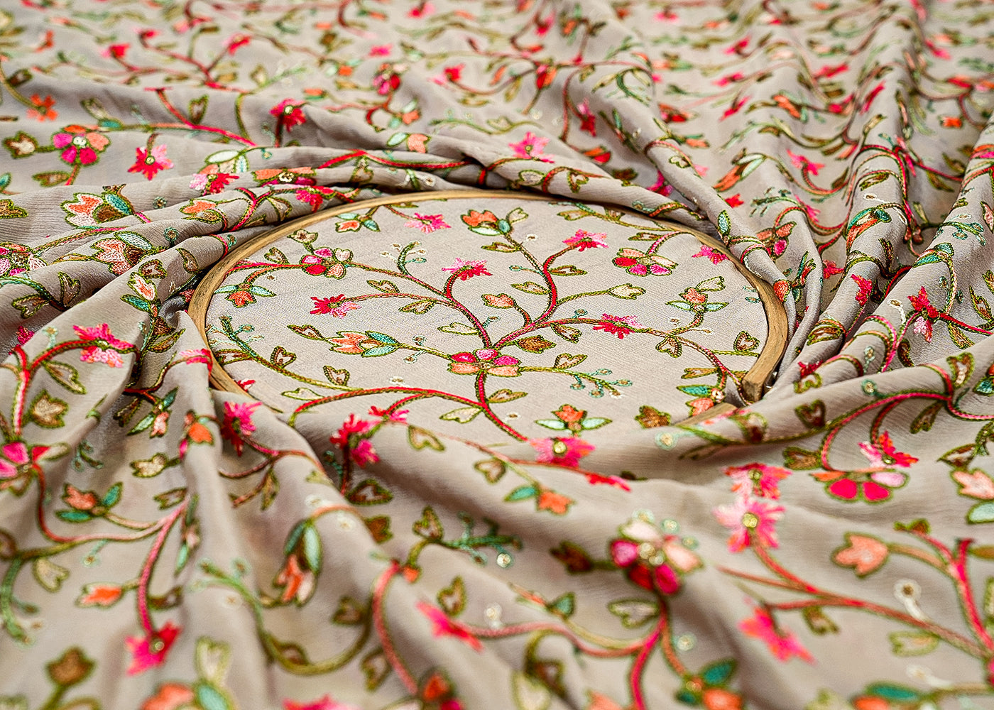 Mouse Chinon Chiffon Fabric with Multicolor Thread and Sequins Work 13117