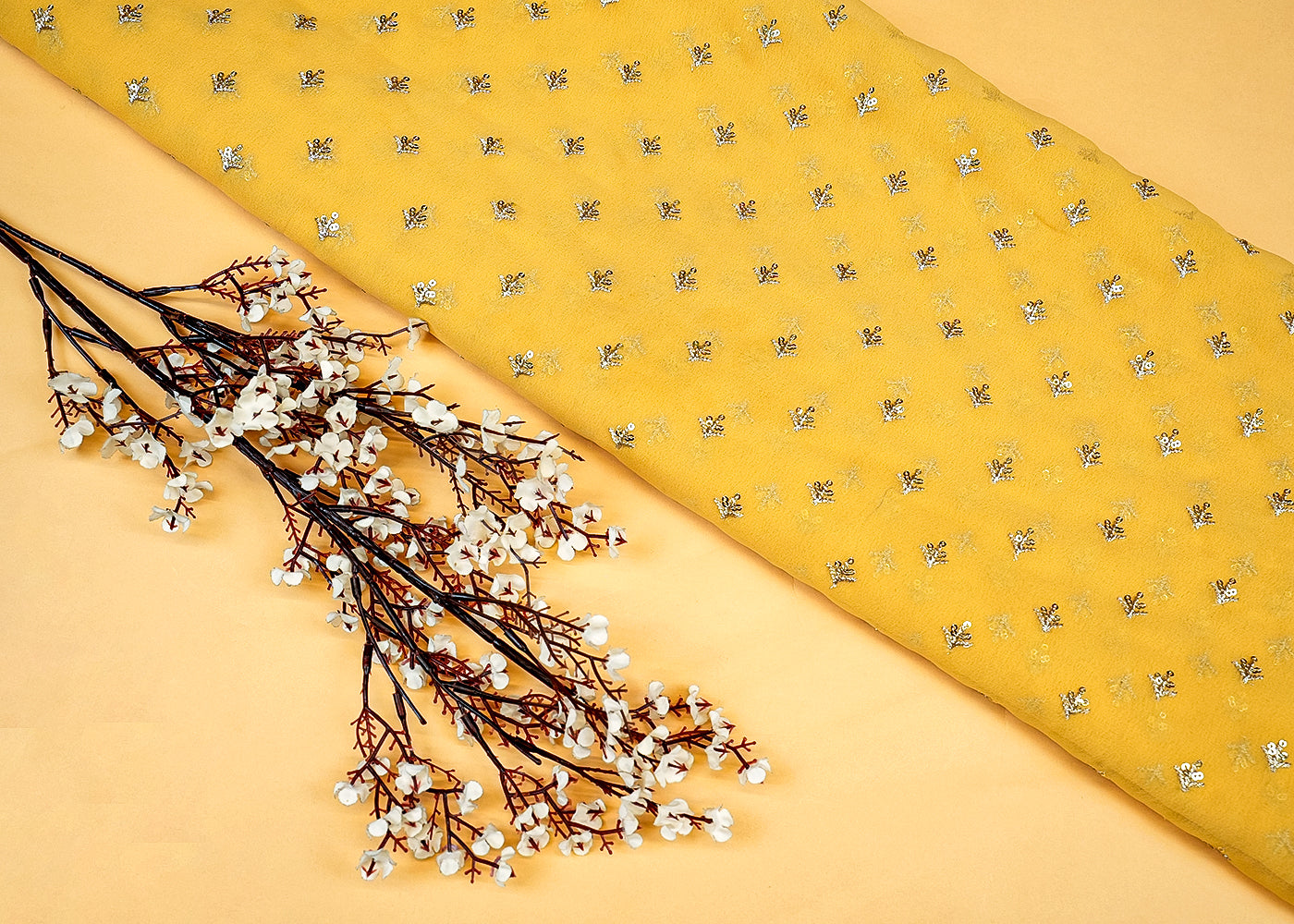 Gold Georgette Fabric with Allover Thread and Sequins Work 13119