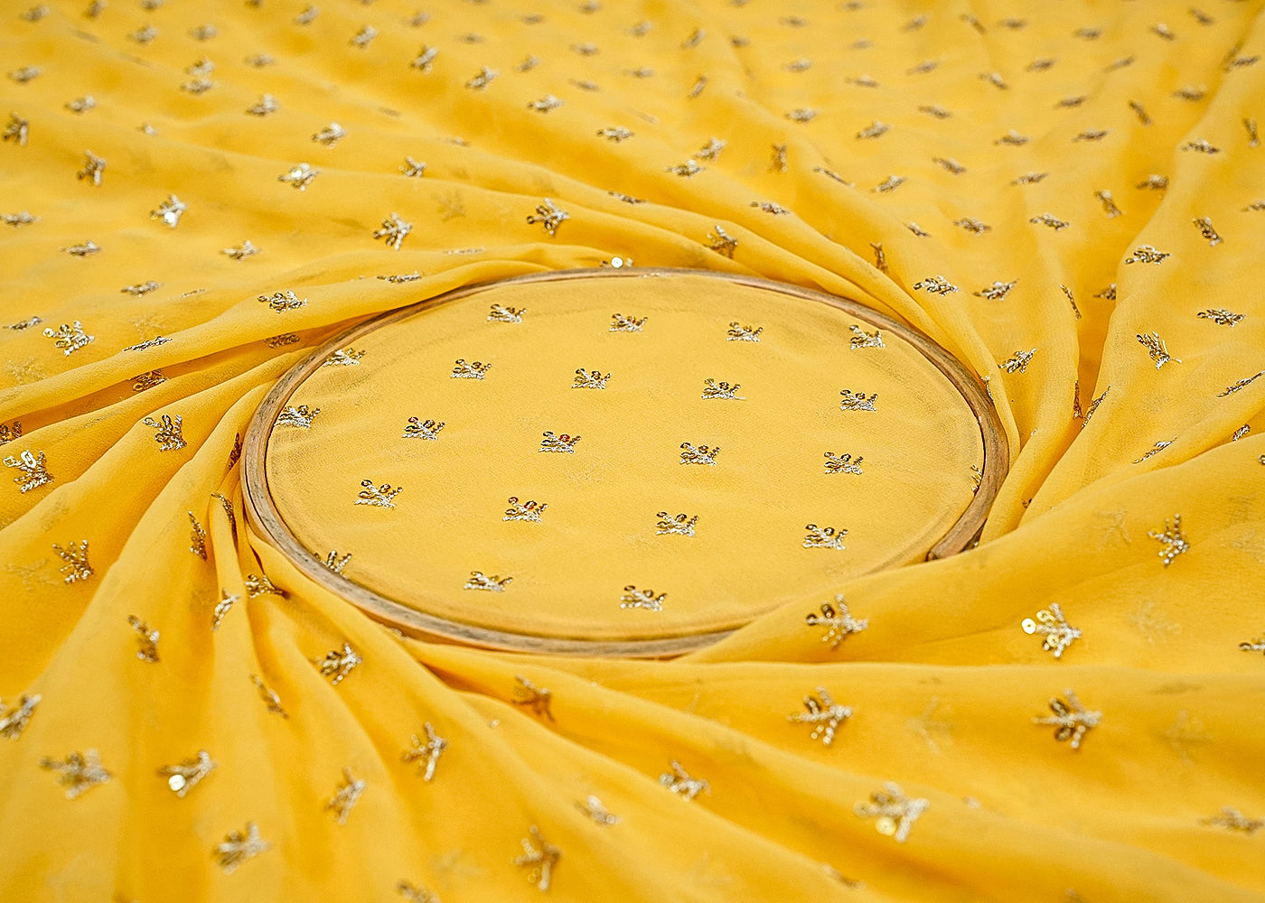 Gold Georgette Fabric with Allover Thread and Sequins Work 13119