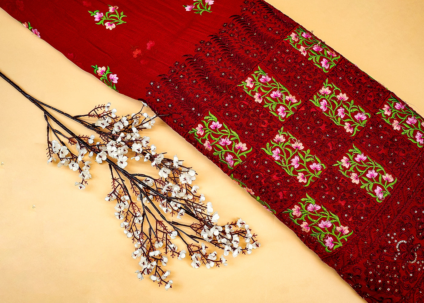 Maroon Georgette Fabric with Multicolor Thread & Sequins Work with Border 13124