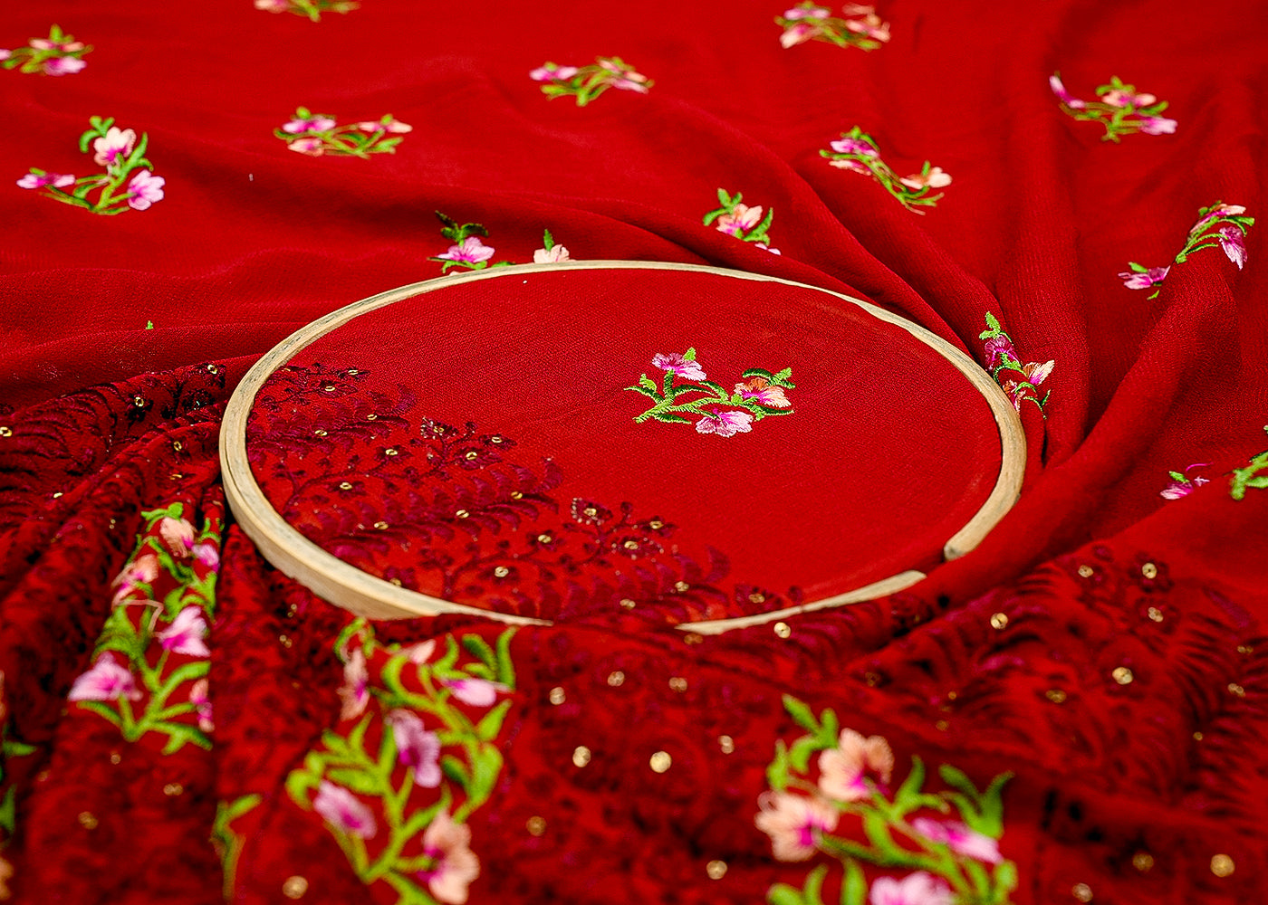 Maroon Georgette Fabric with Multicolor Thread & Sequins Work with Border 13124