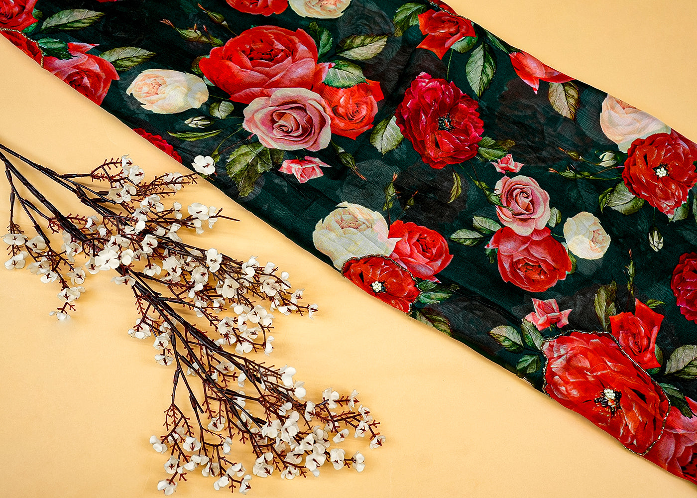 Dark Green Organza Fabric with Allover Print, Kutdana, and Pearl Work 13126