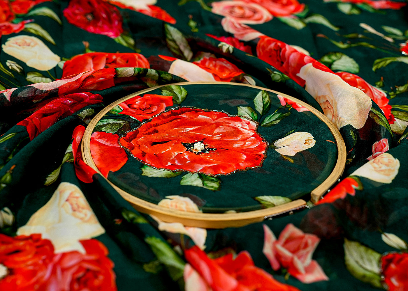 Dark Green Organza Fabric with Allover Print, Kutdana, and Pearl Work 13126