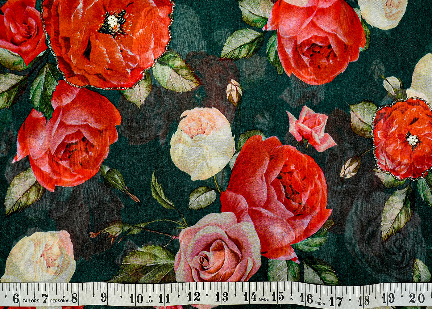 Dark Green Organza Fabric with Allover Print, Kutdana, and Pearl Work 13126