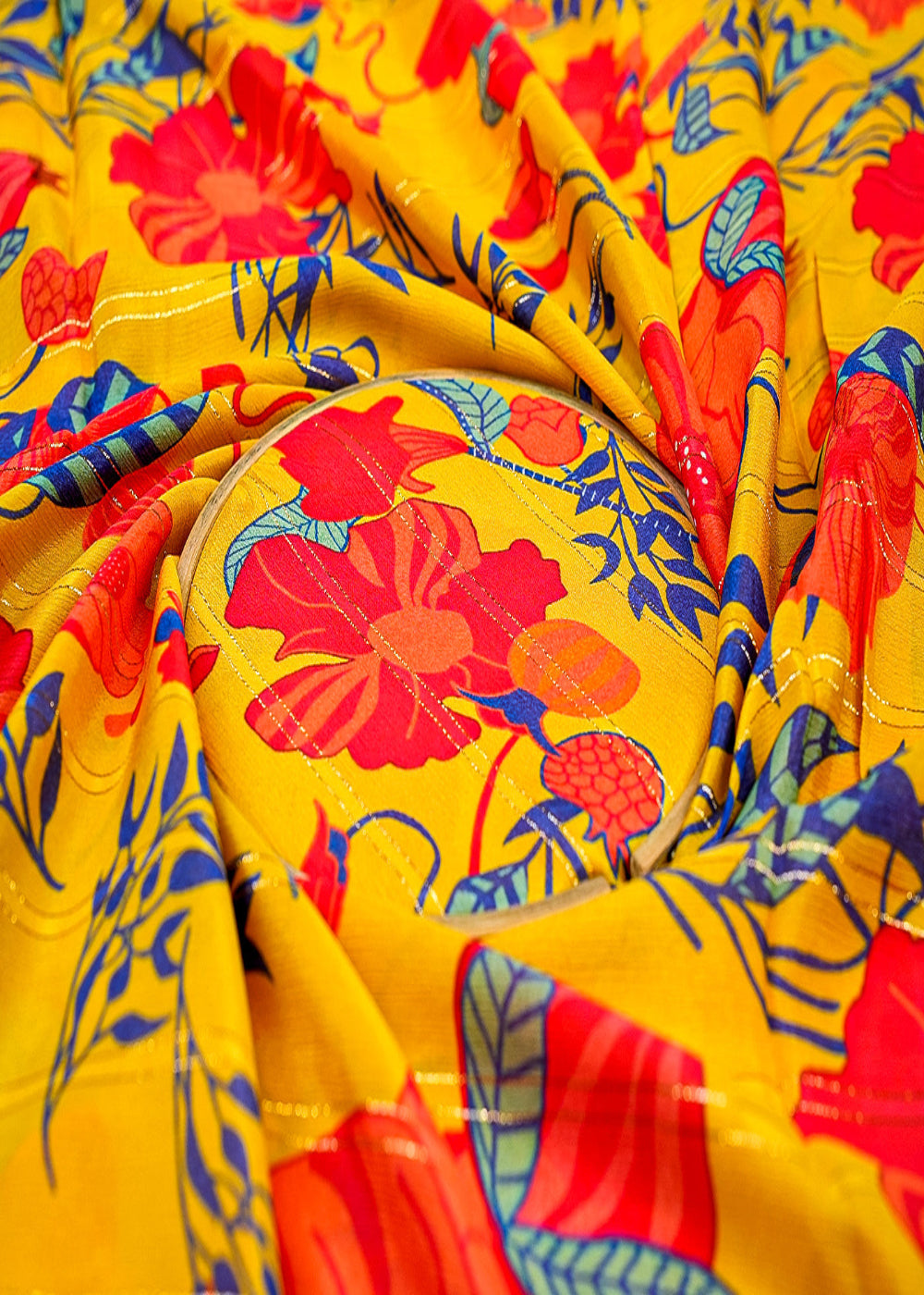 Mustard-Chinon-Chiffon-Fabric-with-Allover-Floral-Pattern-and-Lurex-Thread-13127-close-view