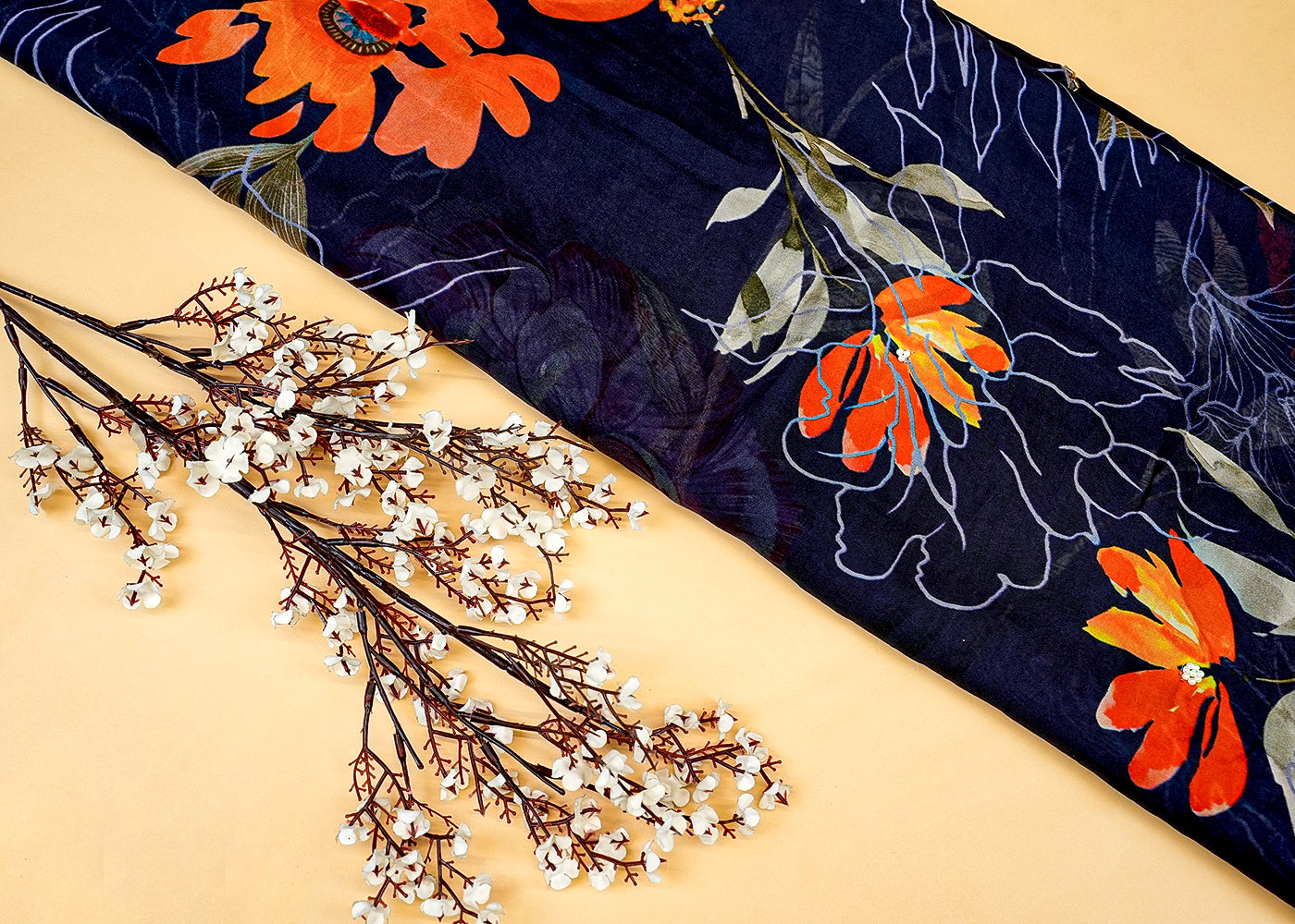 Navy Blue Organza Fabric with Allover Print, Kutdana, and Pearl Work 13131