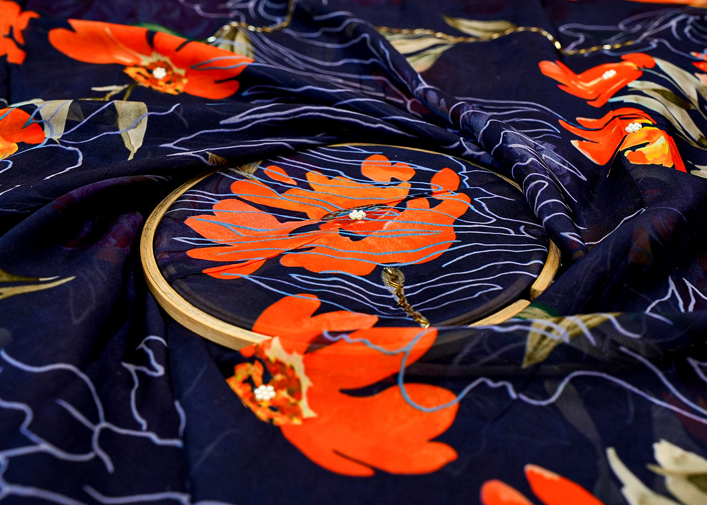 Navy Blue Organza Fabric with Allover Print, Kutdana, and Pearl Work 13131