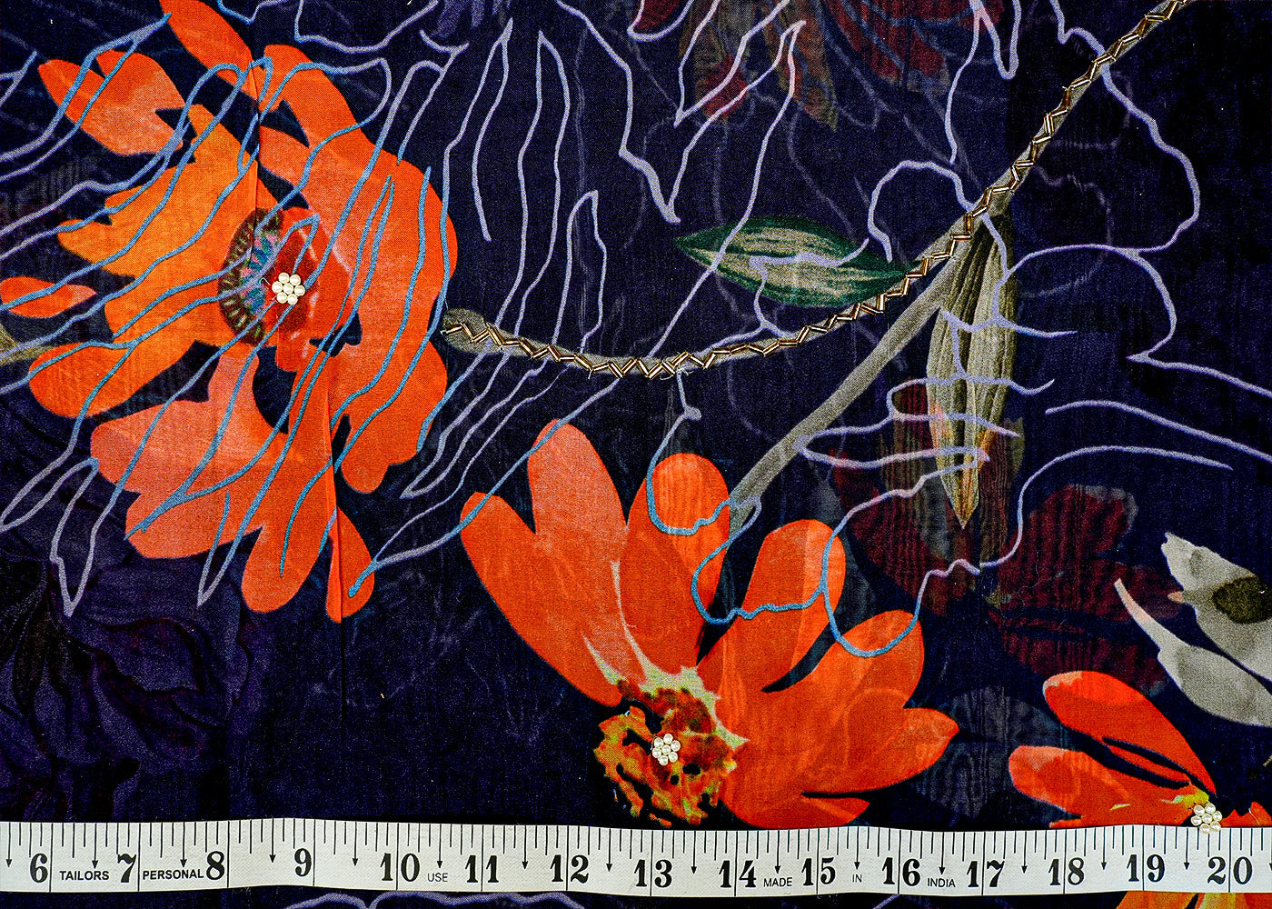 Navy Blue Organza Fabric with Allover Print, Kutdana, and Pearl Work 13131