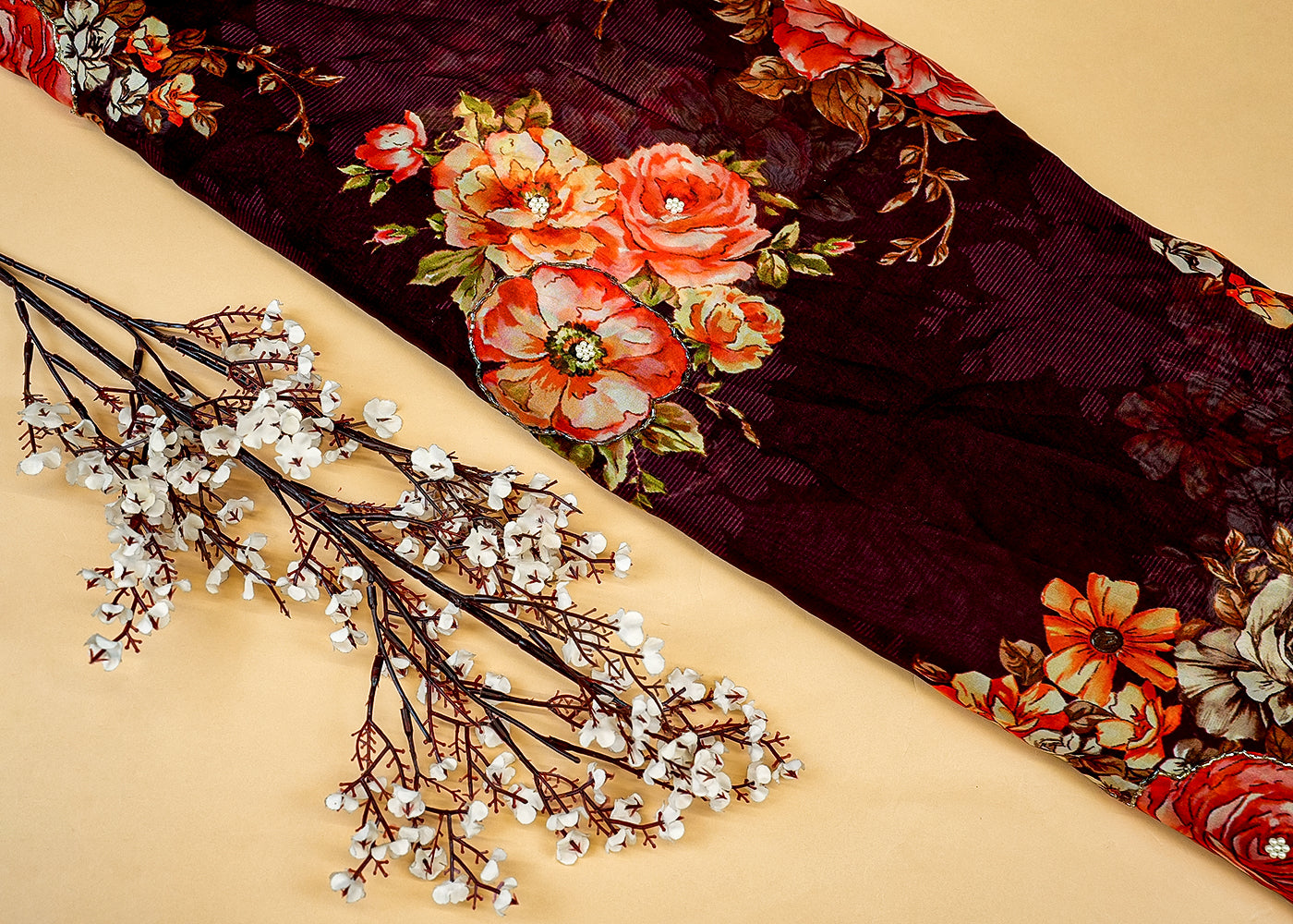 Wine Viscose Organza Fabric with Allover Floral Print and Bead & Pearl Work 13134