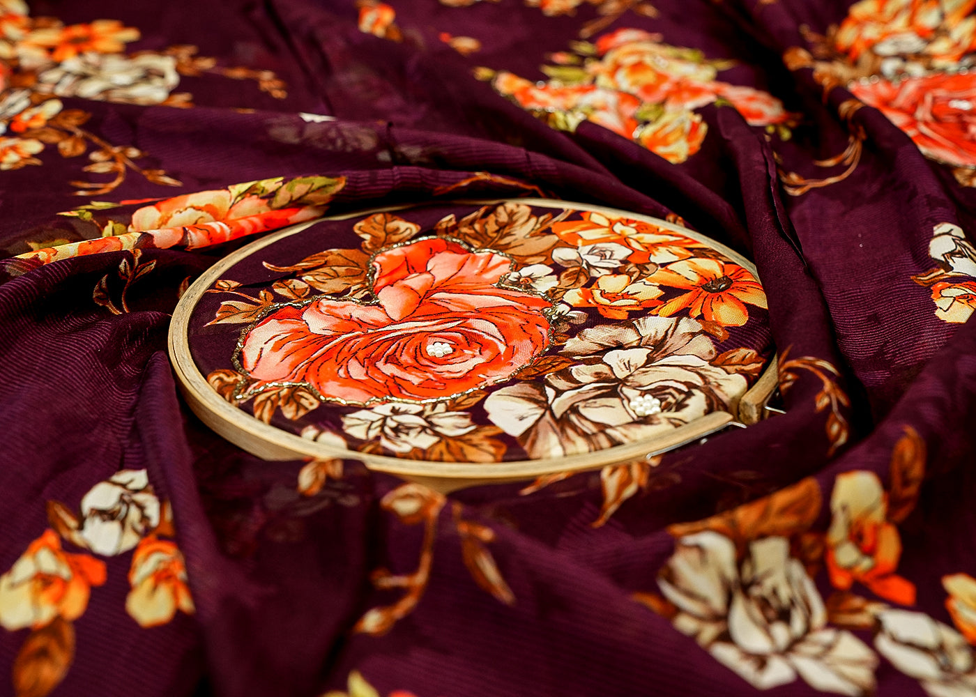 Wine Viscose Organza Fabric with Allover Floral Print and Bead & Pearl Work 13134