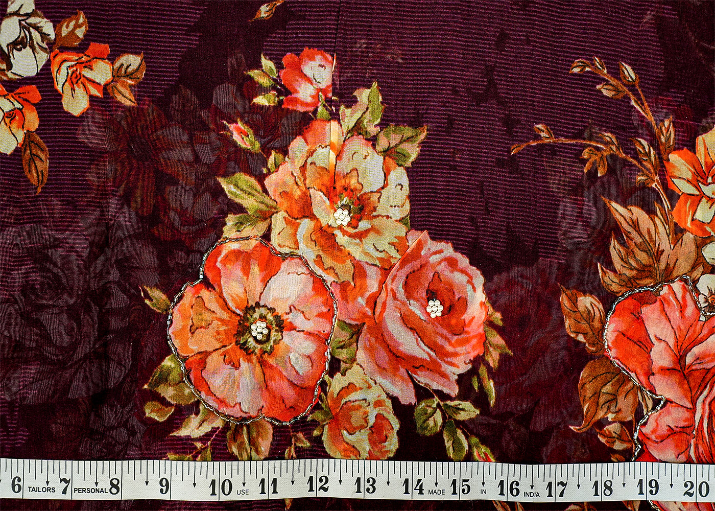 Wine Viscose Organza Fabric with Allover Floral Print and Bead & Pearl Work 13134