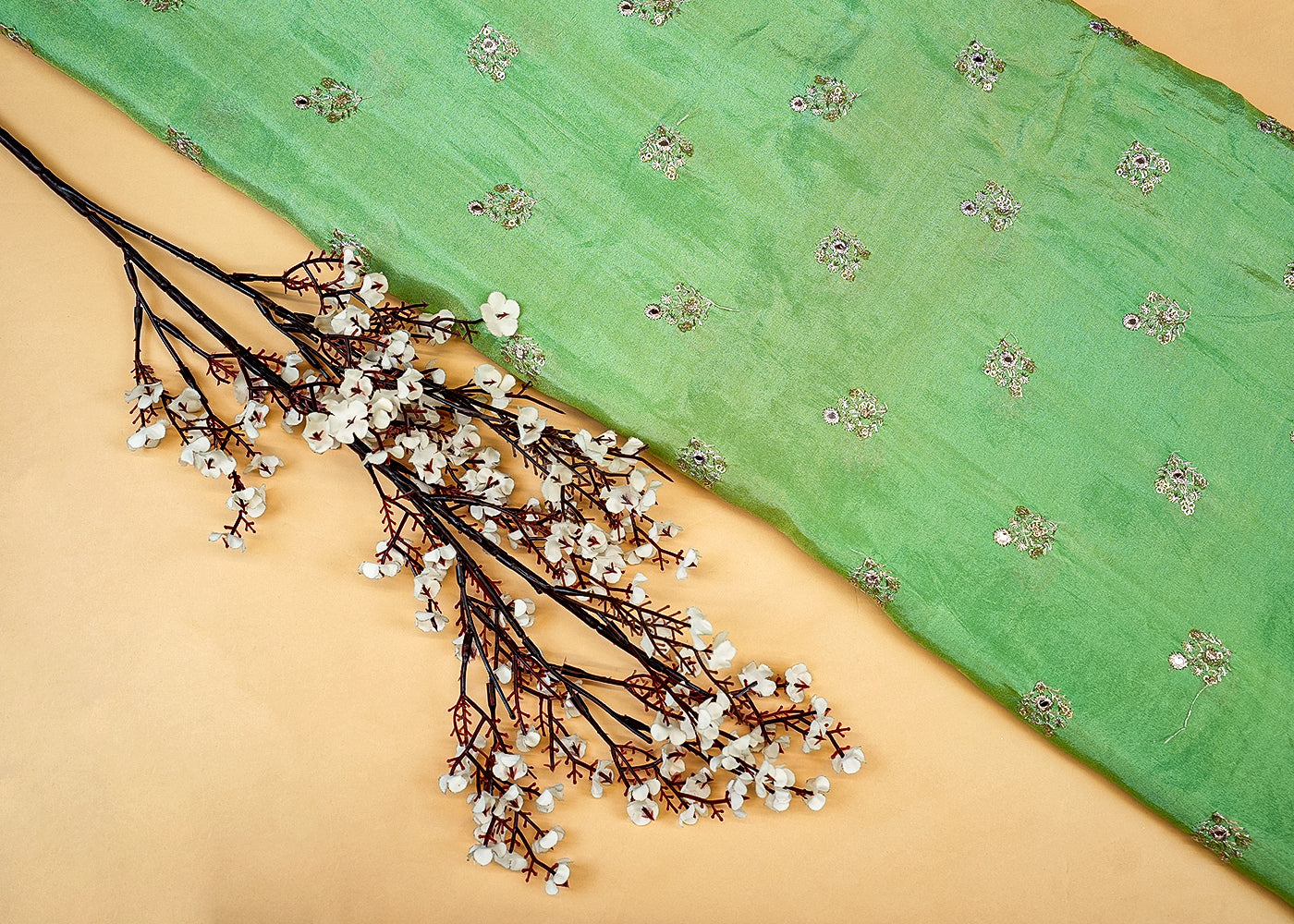 Sea Green Tissue Fabric with Allover Buti of Thread, Faux Mirror, and Sequins Work 13145