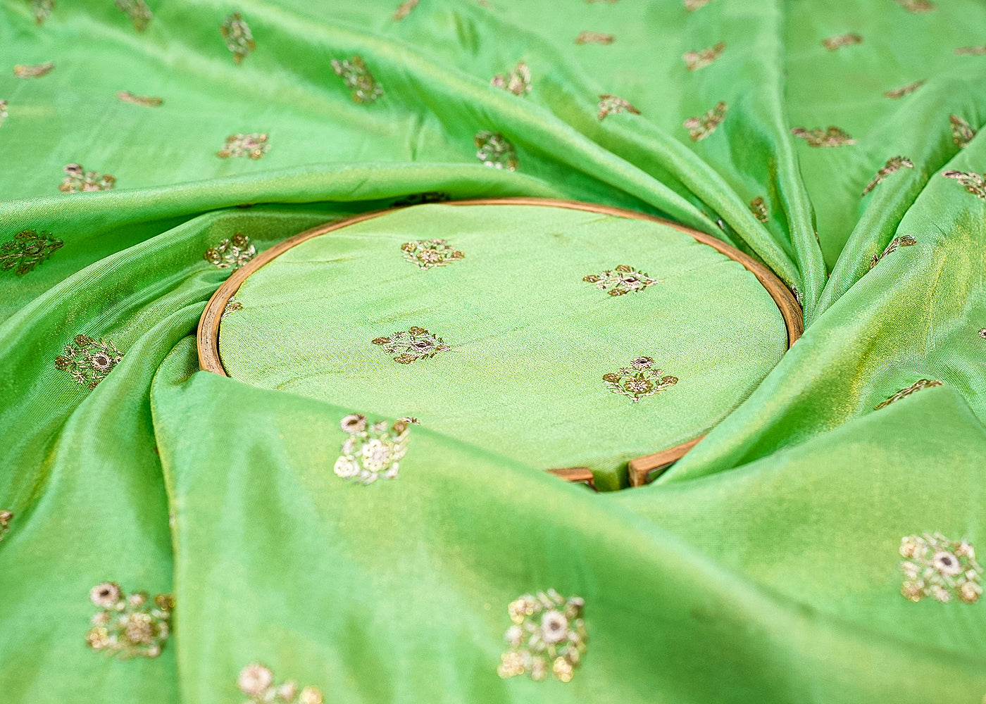 Sea Green Tissue Fabric with Allover Buti of Thread, Faux Mirror, and Sequins Work 13145