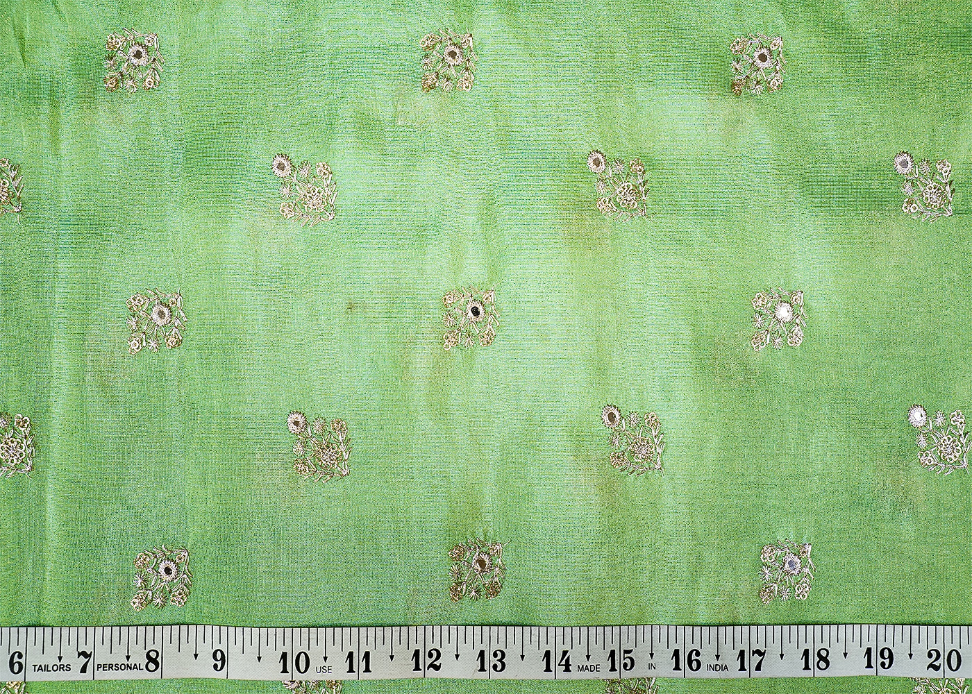 Sea Green Tissue Fabric with Allover Buti of Thread, Faux Mirror, and Sequins Work 13145