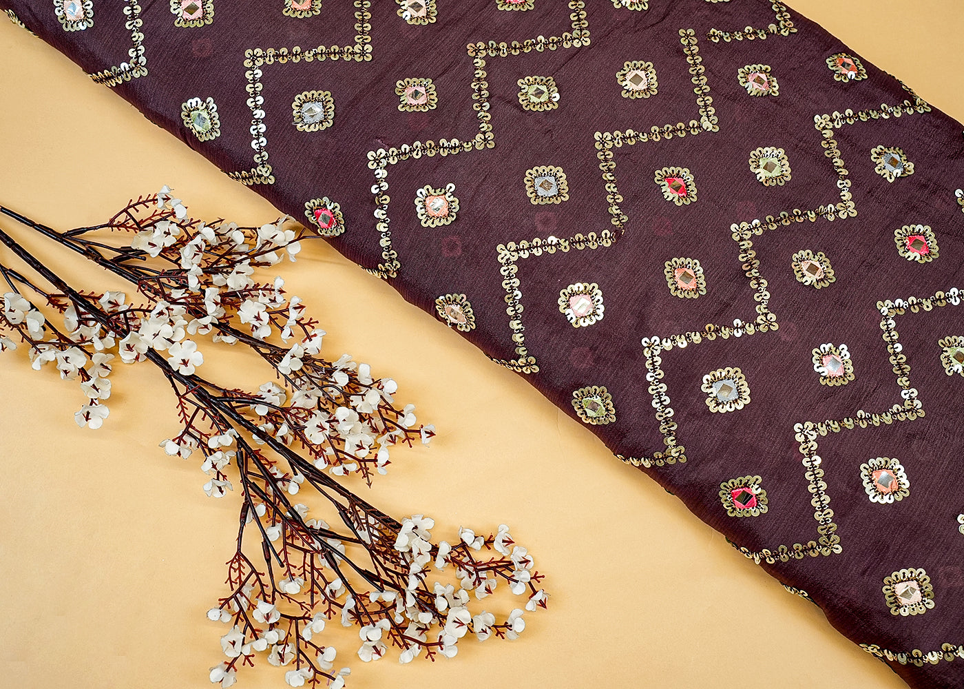 Wine Chinon Chiffon Fabric with Allover Thread, Sequins, and Faux Mirror Work 13146