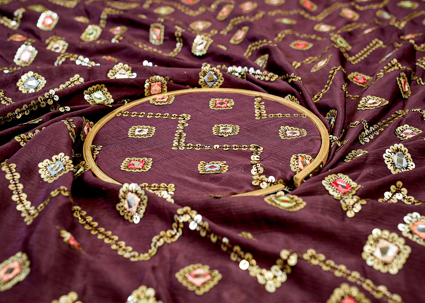 Wine Chinon Chiffon Fabric with Allover Thread, Sequins, and Faux Mirror Work 13146