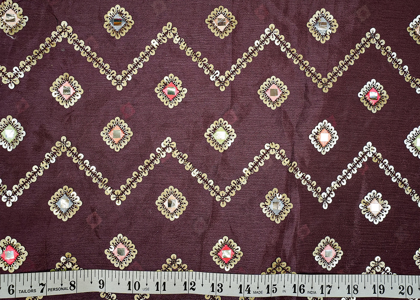 Wine Chinon Chiffon Fabric with Allover Thread, Sequins, and Faux Mirror Work 13146