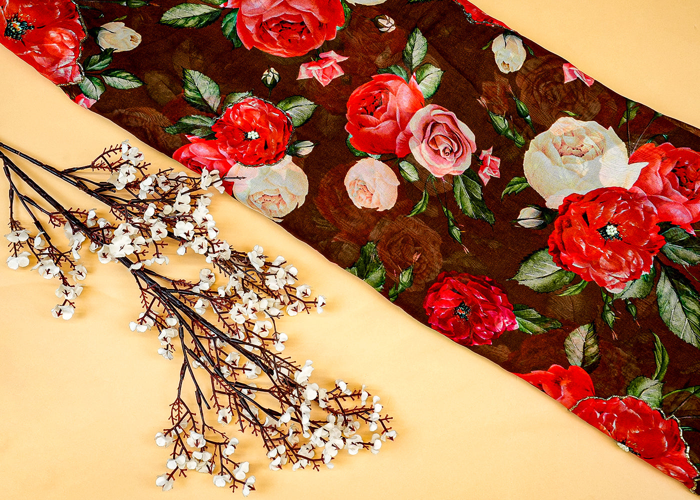 Brown Organza Fabric with Allover Print, Kutdana, and Pearl Work 13148