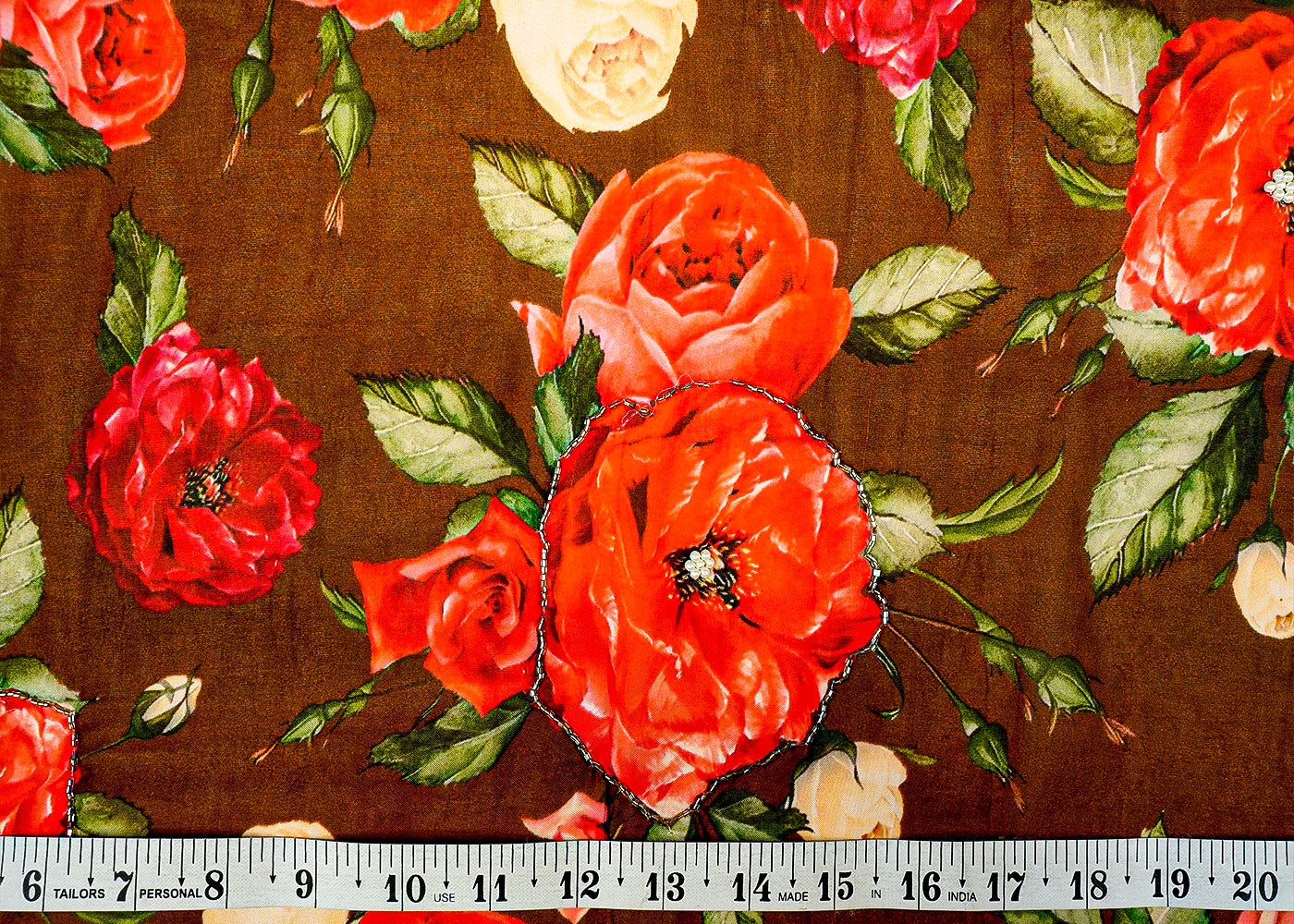 Brown Organza Fabric with Allover Print, Kutdana, and Pearl Work 13148