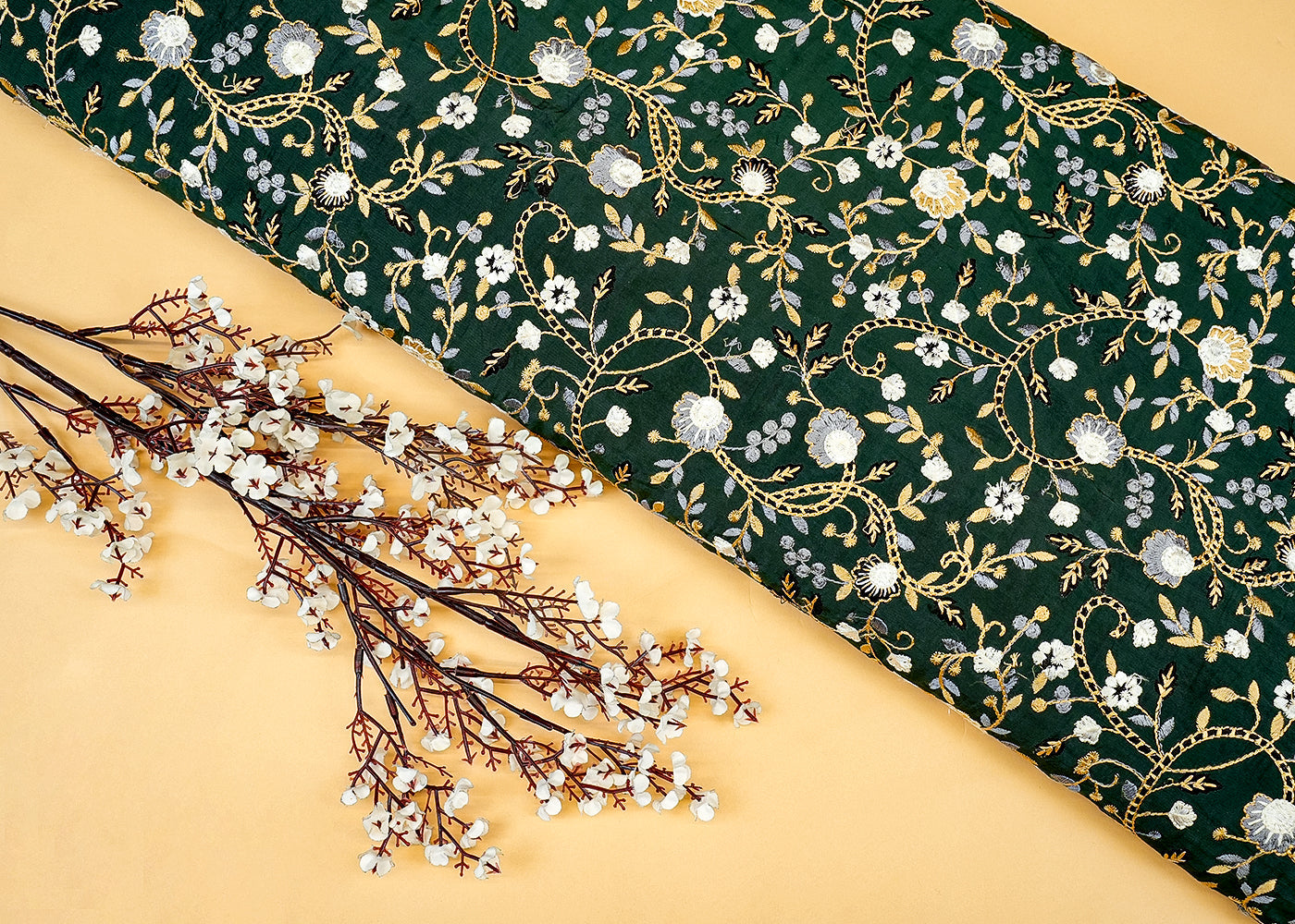 Dark Green Upara Silk Fabric with Allover Multicolor Thread Work 13149