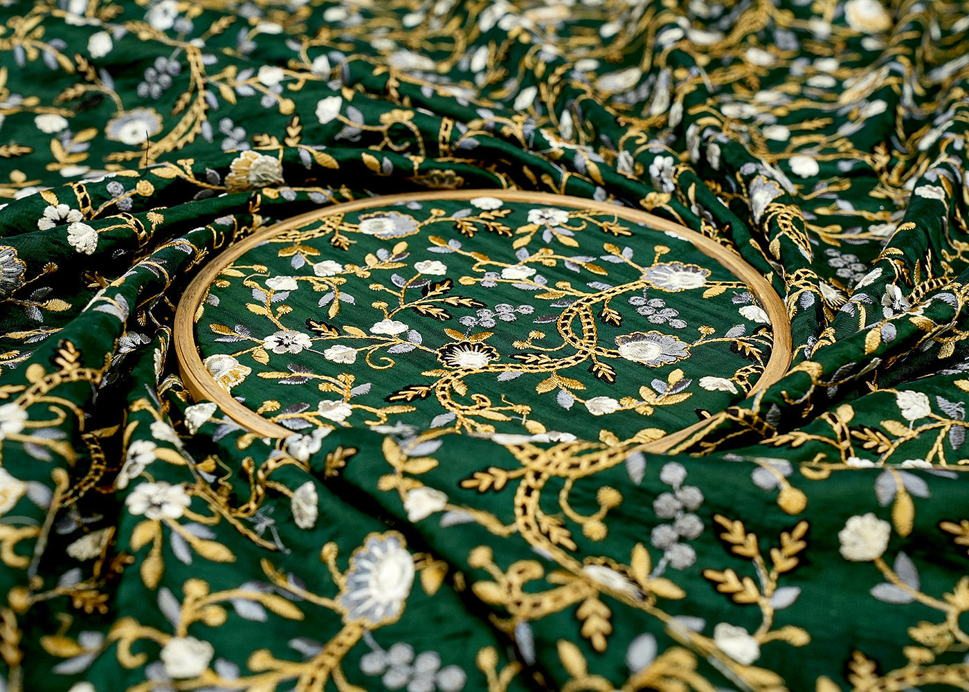 Dark Green Upara Silk Fabric with Allover Multicolor Thread Work 13149