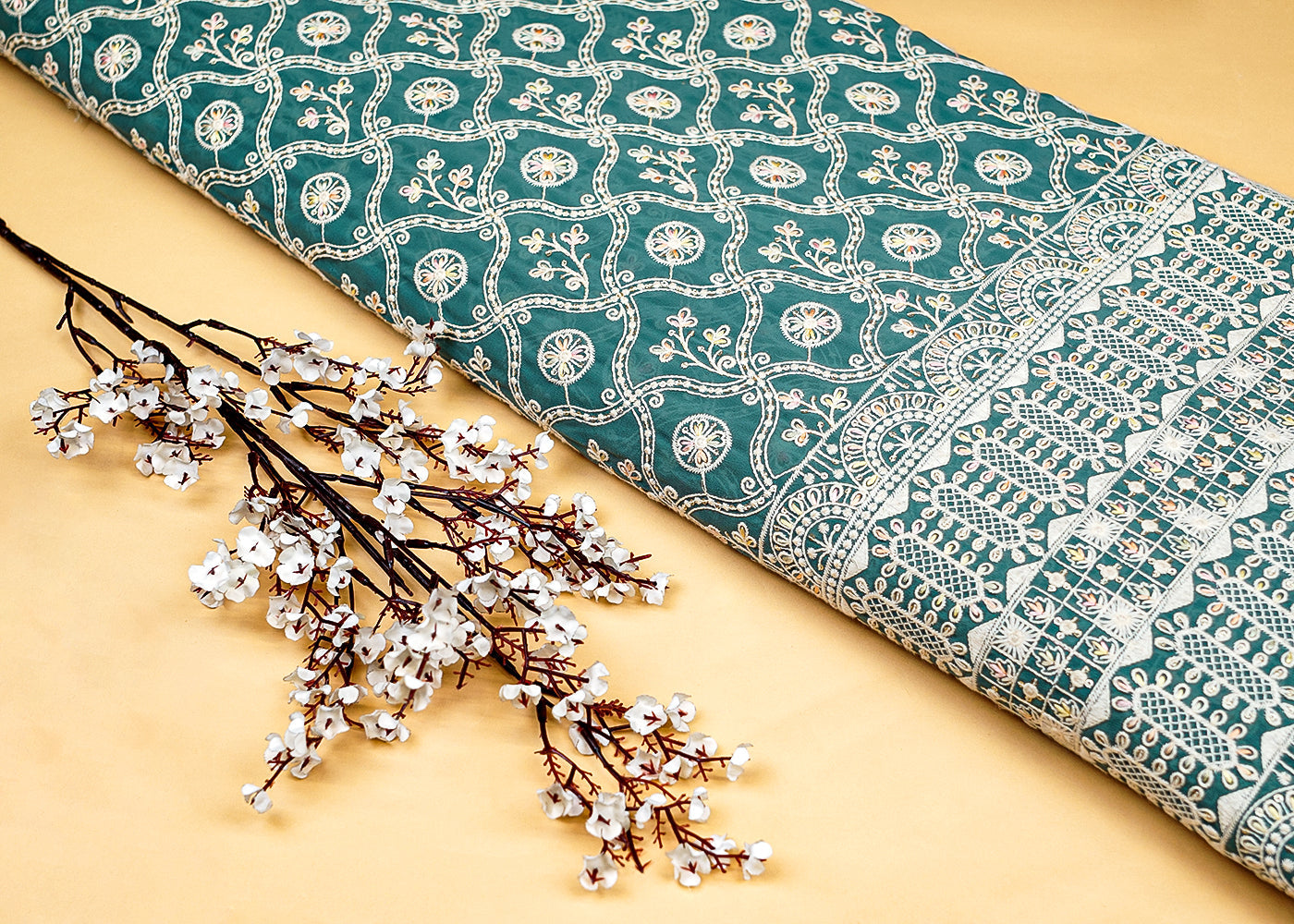 Teal Georgette Fabric with Allover Multicolor Thread Work and Border 13150