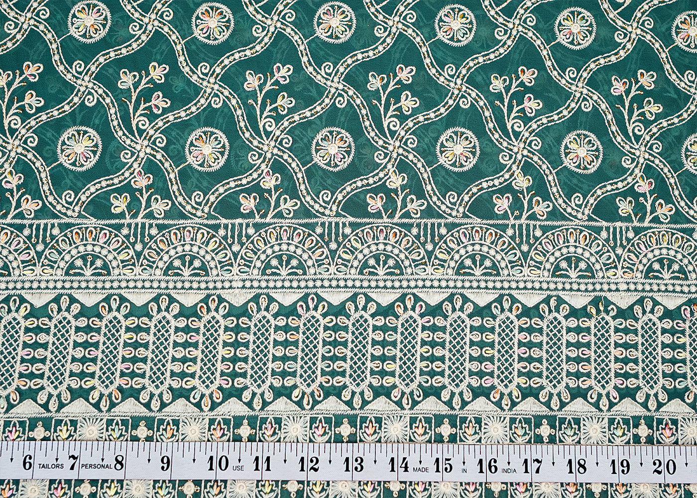 Teal Georgette Fabric with Allover Multicolor Thread Work and Border 13150