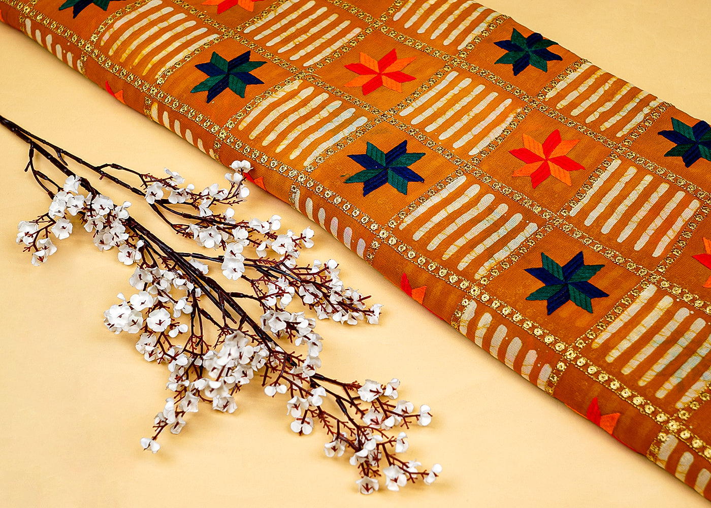 Brown Georgette Fabric with Allover Print with Thread and Sequins Embellishment 13151