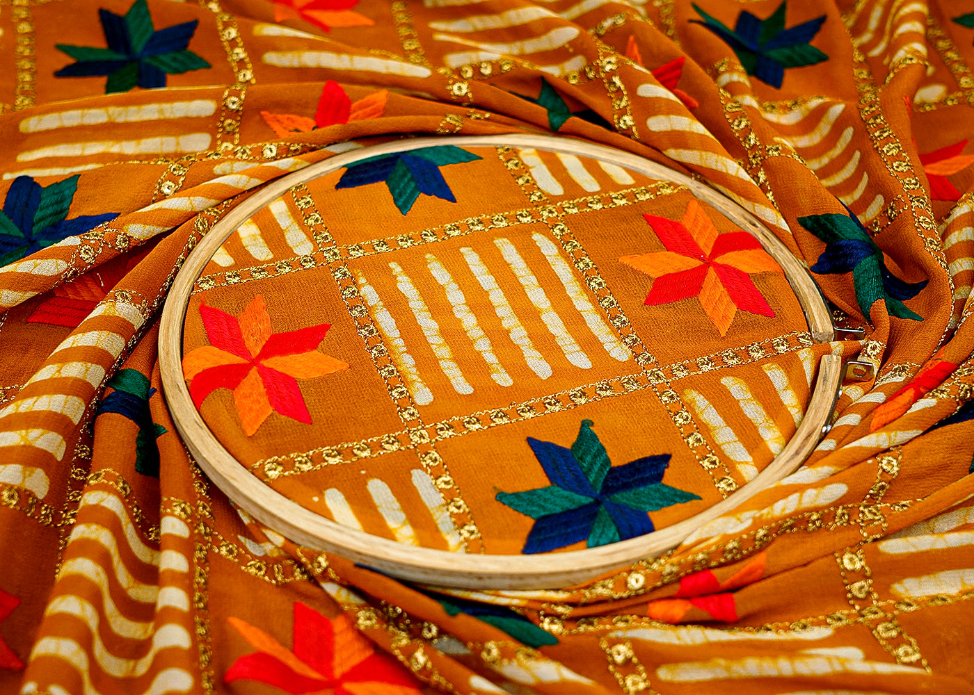 Brown Georgette Fabric with Allover Print with Thread and Sequins Embellishment 13151