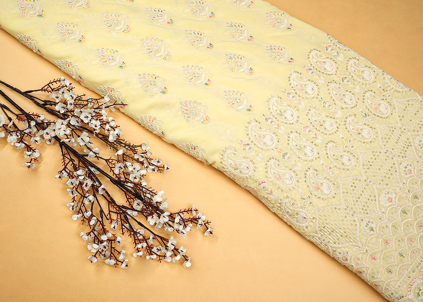 Light Yellow Georgette Fabric with Multicolor Thread Work & Border 13153