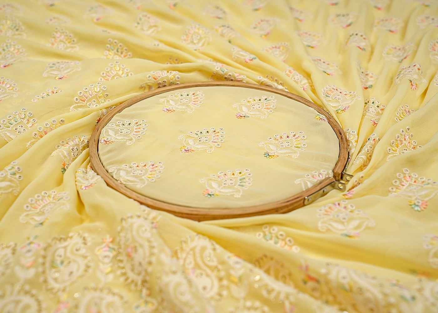Light Yellow Georgette Fabric with Multicolor Thread Work & Border 13153