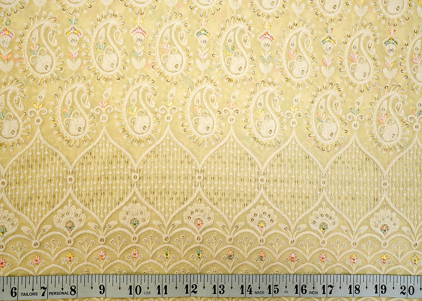 Light Yellow Georgette Fabric with Multicolor Thread Work & Border 13153