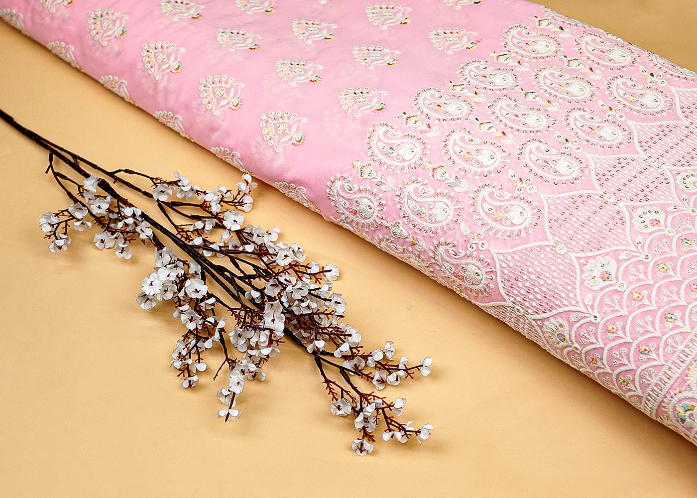 Baby Pink Georgette Fabric with Allover Sequins and Thread Work with Border 13155